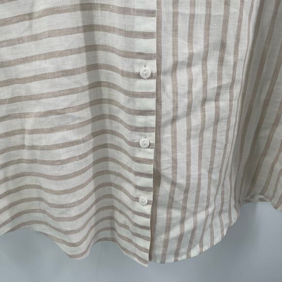CHICO'S Shirt Size 12/14 No Iron Button Down 100% Linen Stripes White Neutral - Picture 10 of 13
